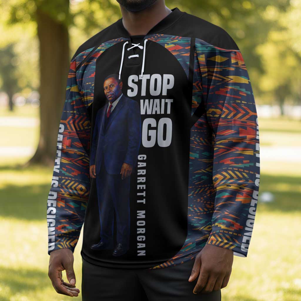 Garrett Morgan Hockey Jersey with Full Body Portrait, Stop Wait Go Quote, Traffic Light Design - African Pride