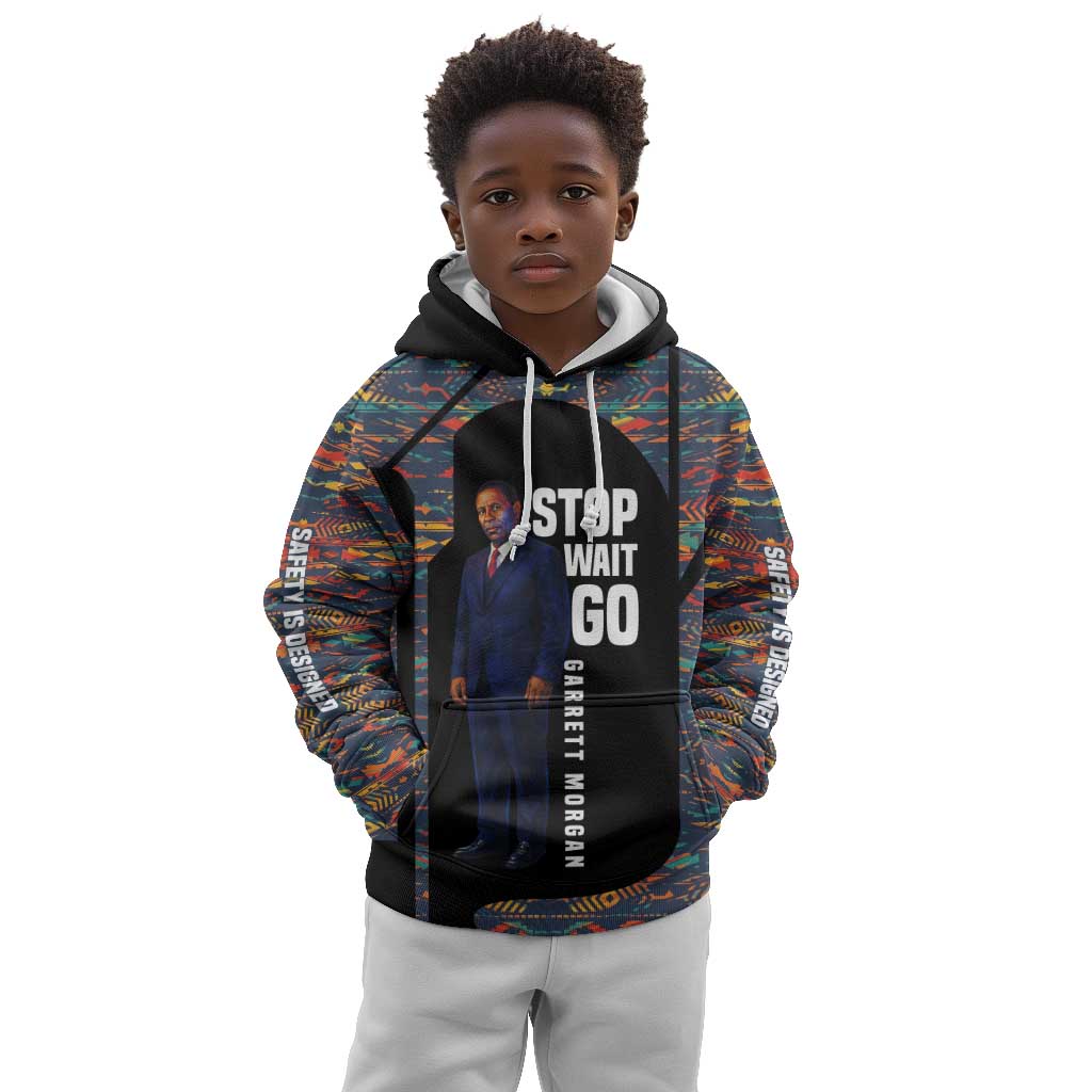 Garrett Morgan Kid Hoodie with Full Body Portrait, Stop Wait Go Quote, Traffic Light Design - African Pride