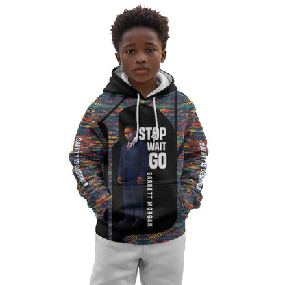 Garrett Morgan Kid Hoodie with Full Body Portrait, Stop Wait Go Quote, Traffic Light Design - African Pride