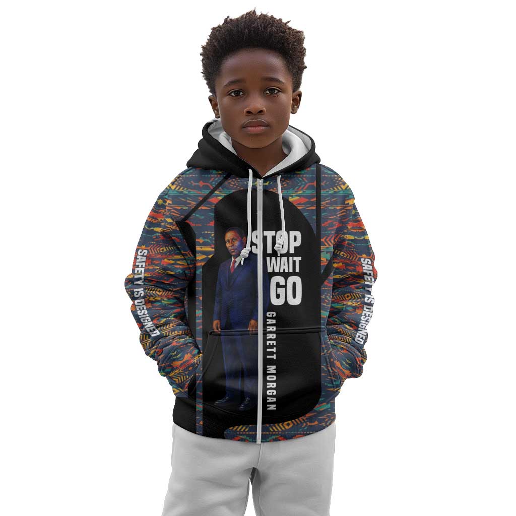 Garrett Morgan Kid Hoodie with Full Body Portrait, Stop Wait Go Quote, Traffic Light Design - African Pride
