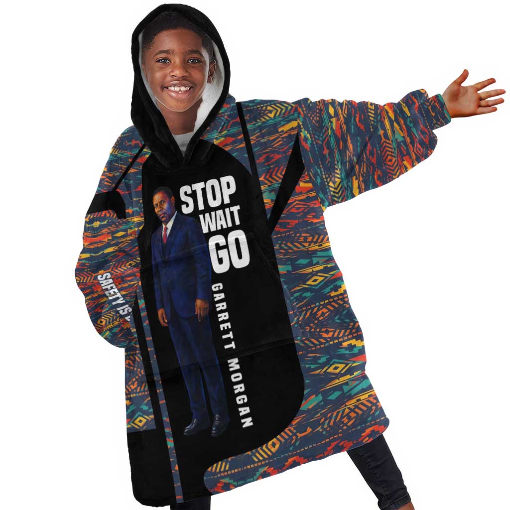 Garrett Morgan Kid Wearable Blanket Hoodie with Full Body Portrait, Stop Wait Go Quote, Traffic Light Design - African Pride