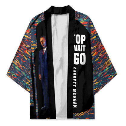 Garrett Morgan Kimono with Full Body Portrait, Stop Wait Go Quote, Traffic Light Design - African Pride