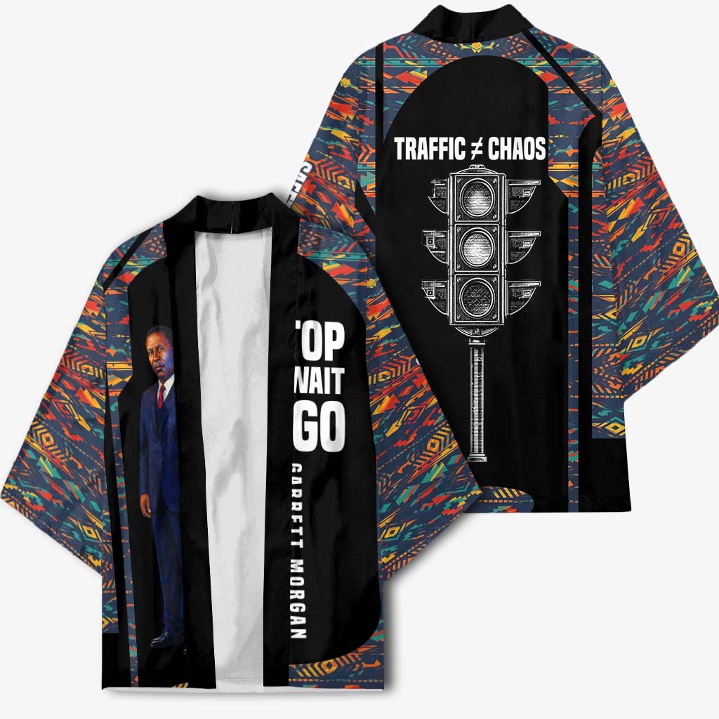 Garrett Morgan Kimono with Full Body Portrait, Stop Wait Go Quote, Traffic Light Design - African Pride