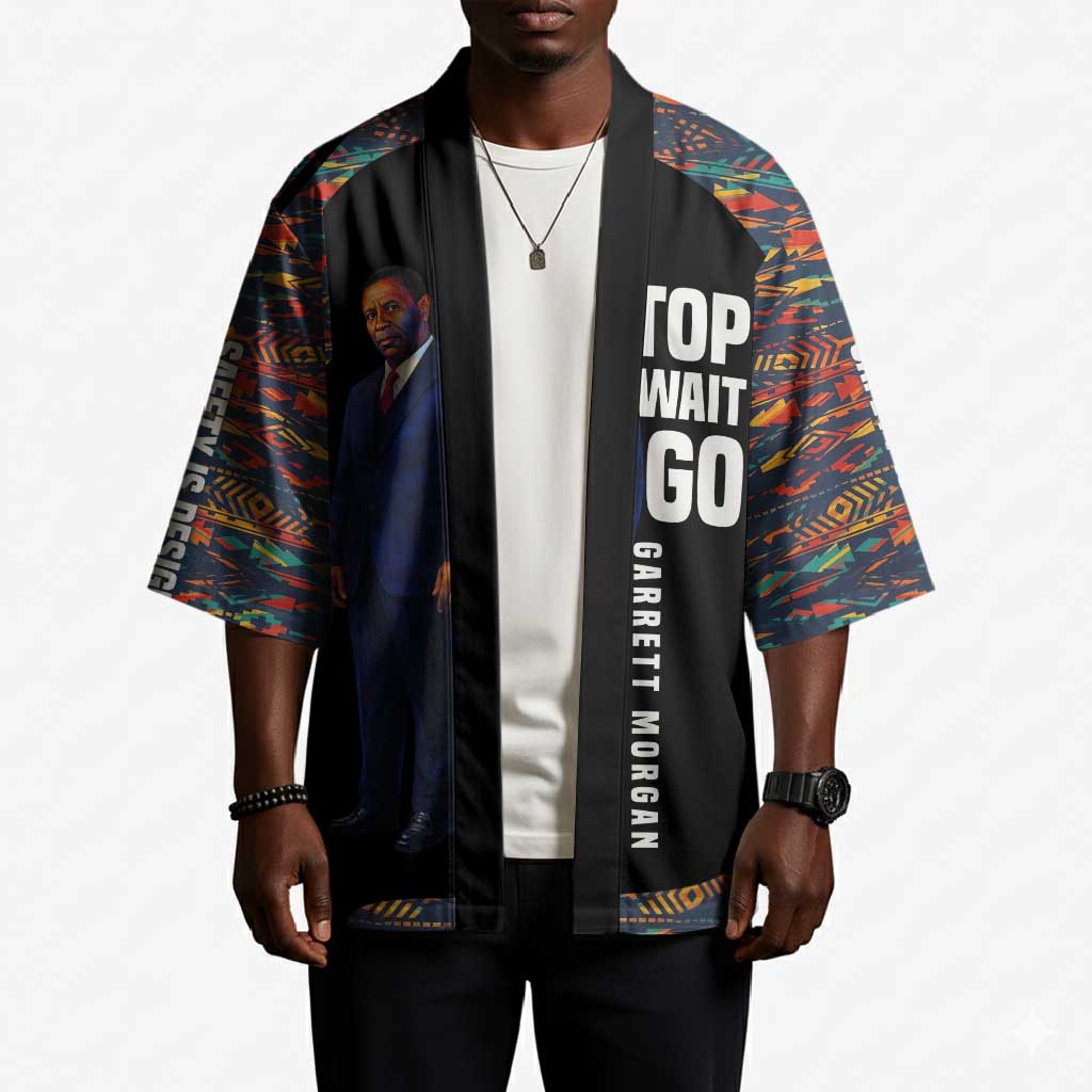 Garrett Morgan Kimono with Full Body Portrait, Stop Wait Go Quote, Traffic Light Design - African Pride