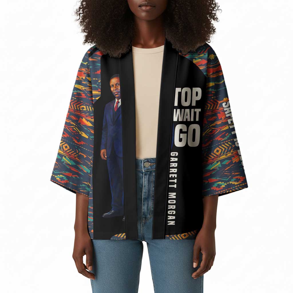 Garrett Morgan Kimono with Full Body Portrait, Stop Wait Go Quote, Traffic Light Design - African Pride