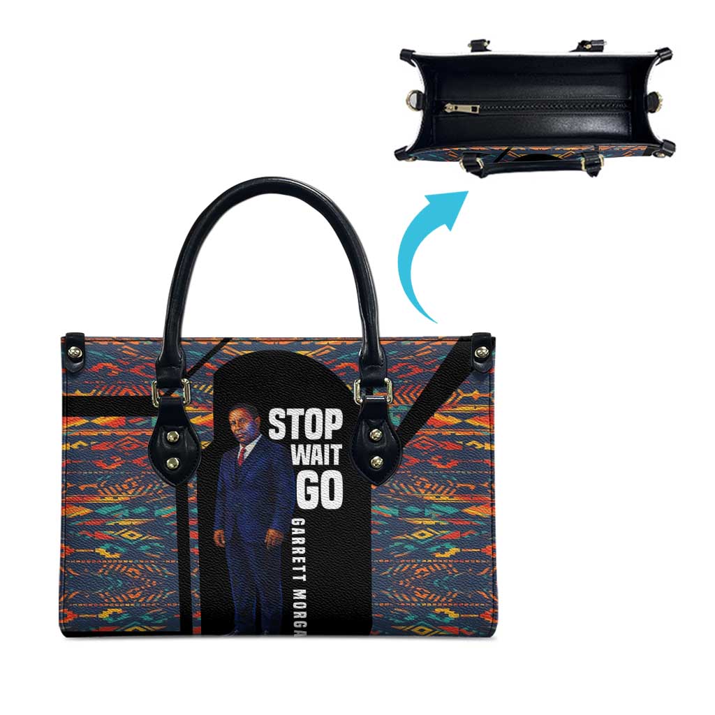 Garrett Morgan Leather Bag with Full Body Portrait, Stop Wait Go Quote, Traffic Light Design - African Pride