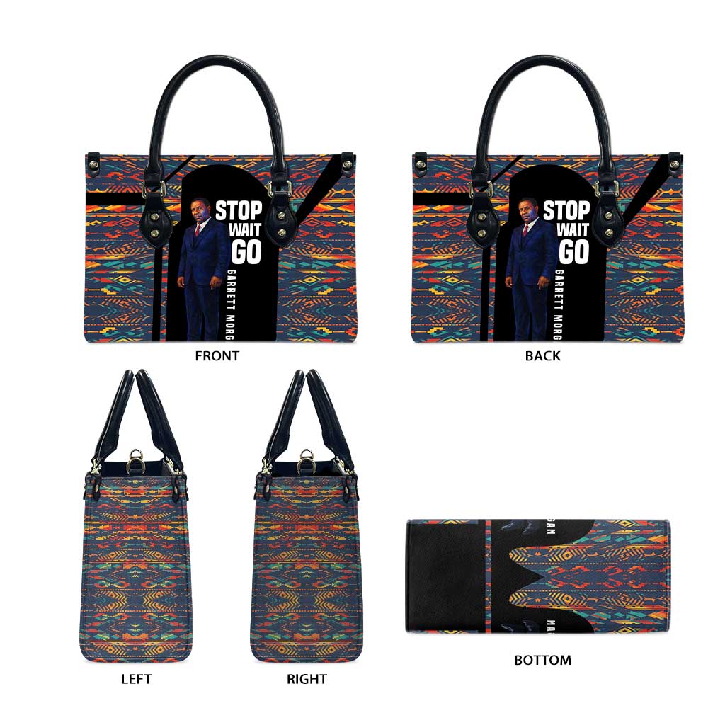 Garrett Morgan Leather Bag with Full Body Portrait, Stop Wait Go Quote, Traffic Light Design - African Pride