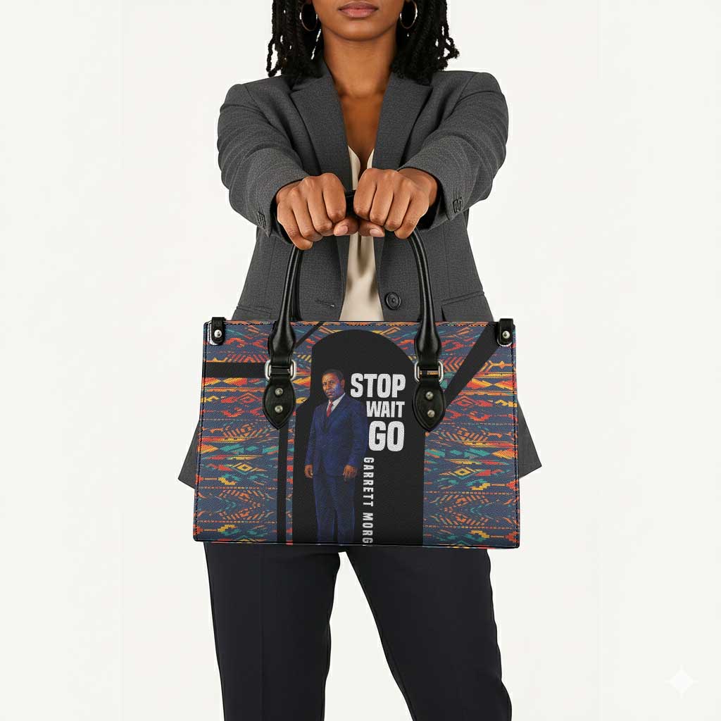 Garrett Morgan Leather Bag with Full Body Portrait, Stop Wait Go Quote, Traffic Light Design - African Pride