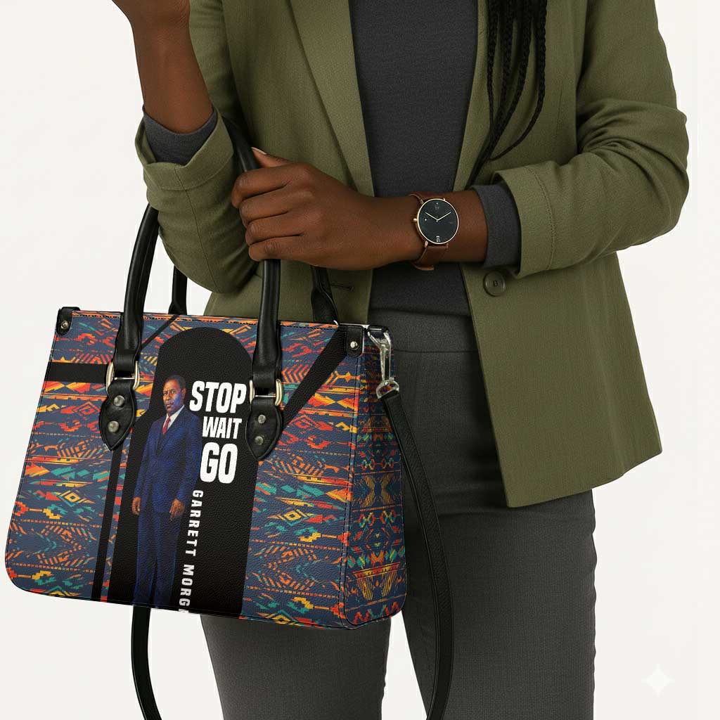 Garrett Morgan Leather Bag with Full Body Portrait, Stop Wait Go Quote, Traffic Light Design - African Pride