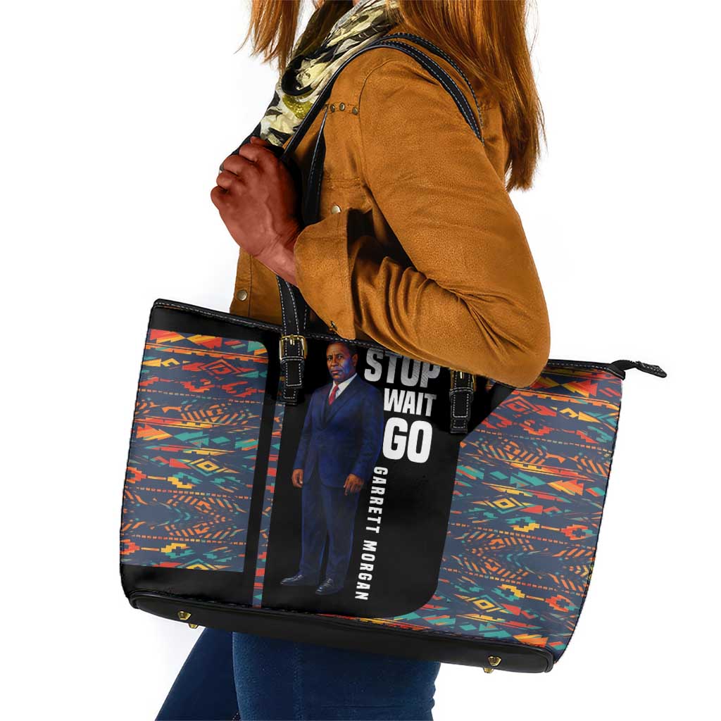 Garrett Morgan Leather Tote Bag with Full Body Portrait, Stop Wait Go Quote, Traffic Light Design - African Pride