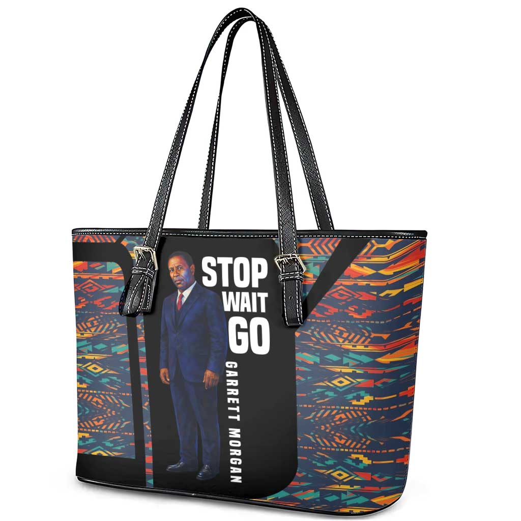 Garrett Morgan Leather Tote Bag with Full Body Portrait, Stop Wait Go Quote, Traffic Light Design - African Pride
