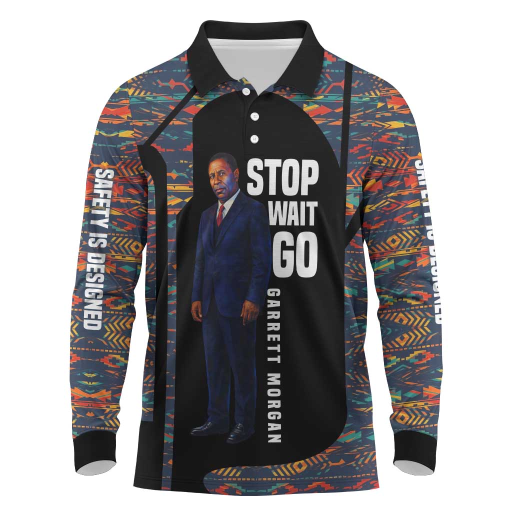 Garrett Morgan Long Sleeve Polo Shirt with Full Body Portrait, Stop Wait Go Quote, Traffic Light Design - African Pride
