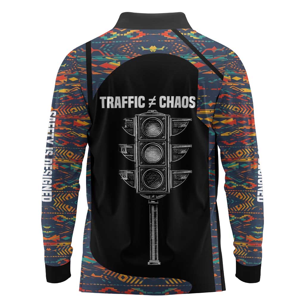 Garrett Morgan Long Sleeve Polo Shirt with Full Body Portrait, Stop Wait Go Quote, Traffic Light Design - African Pride