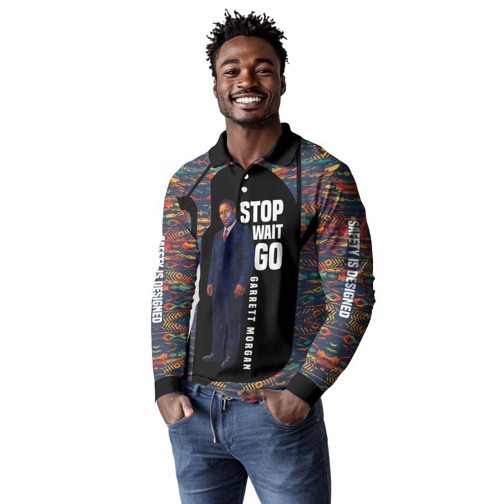 Garrett Morgan Long Sleeve Polo Shirt with Full Body Portrait, Stop Wait Go Quote, Traffic Light Design - African Pride