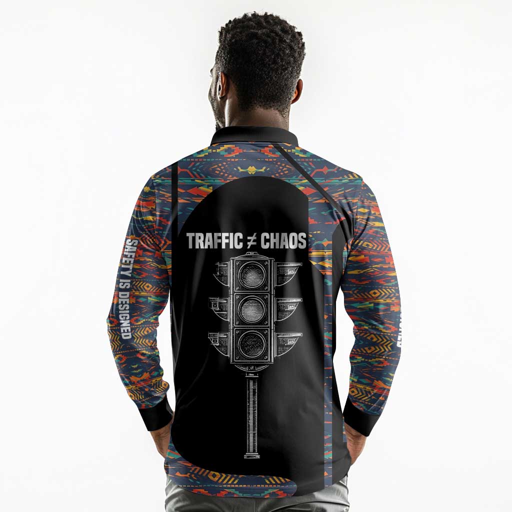 Garrett Morgan Long Sleeve Polo Shirt with Full Body Portrait, Stop Wait Go Quote, Traffic Light Design - African Pride