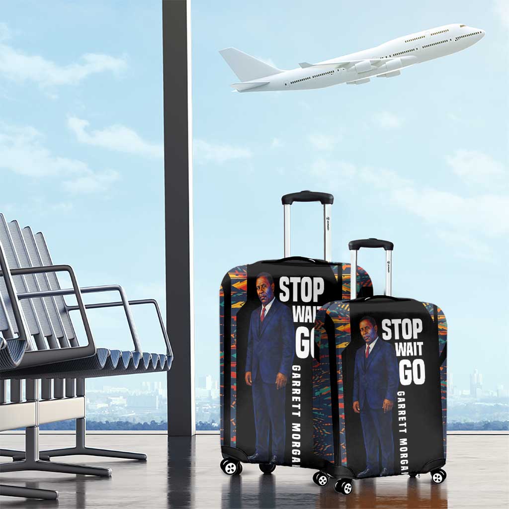 Garrett Morgan Luggage Cover with Full Body Portrait, Stop Wait Go Quote, Traffic Light Design - African Pride