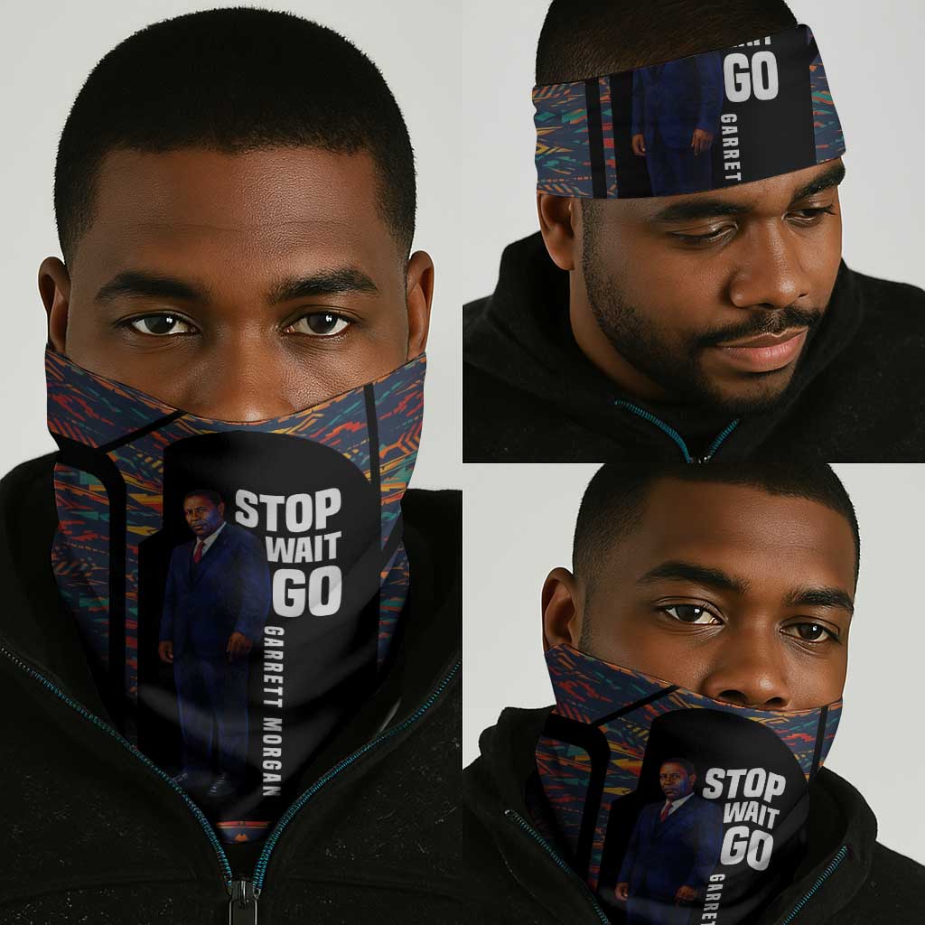 Garrett Morgan Neck Gaiter with Full Body Portrait, Stop Wait Go Quote, Traffic Light Design - African Pride