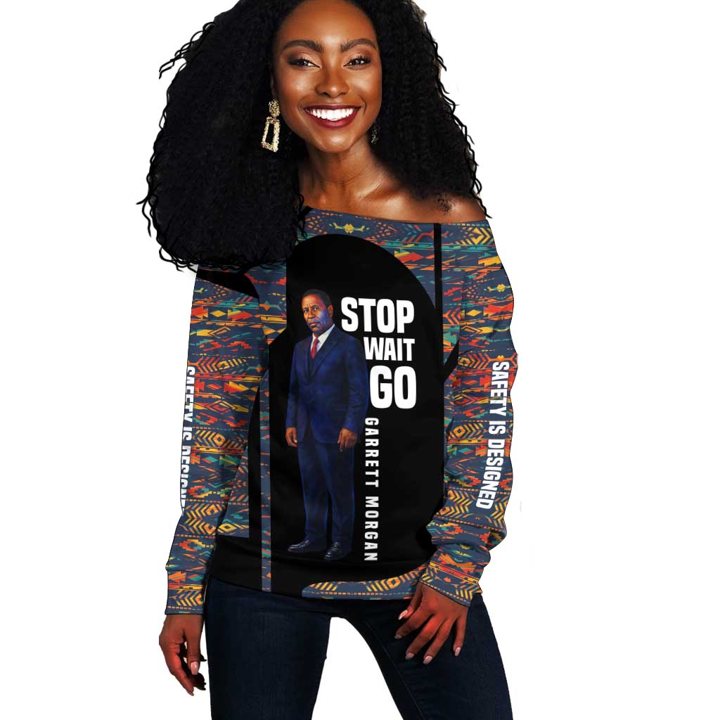 Garrett Morgan Off Shoulder Sweater with Full Body Portrait, Stop Wait Go Quote, Traffic Light Design - African Pride