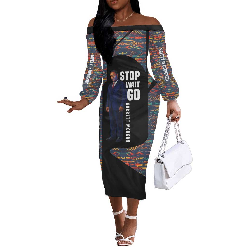 Garrett Morgan Off The Shoulder Long Sleeve Dress with Full Body Portrait, Stop Wait Go Quote, Traffic Light Design - African Pride