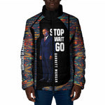Garrett Morgan Padded Jacket with Full Body Portrait, Stop Wait Go Quote, Traffic Light Design - African Pride