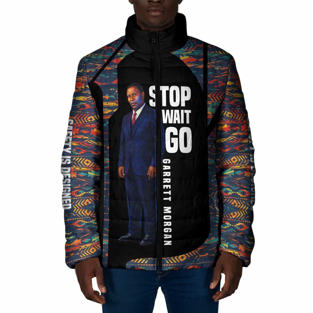 Garrett Morgan Padded Jacket with Full Body Portrait, Stop Wait Go Quote, Traffic Light Design - African Pride