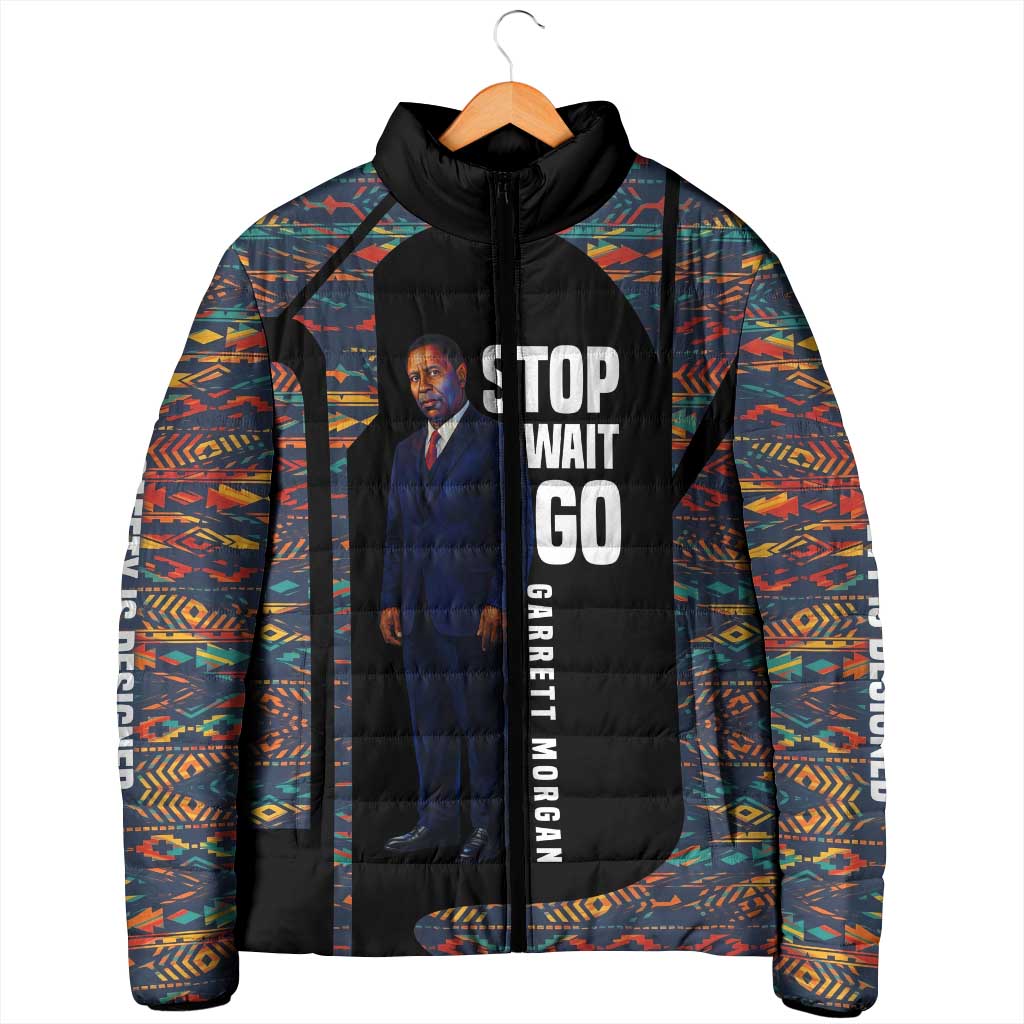 Garrett Morgan Padded Jacket with Full Body Portrait, Stop Wait Go Quote, Traffic Light Design - African Pride