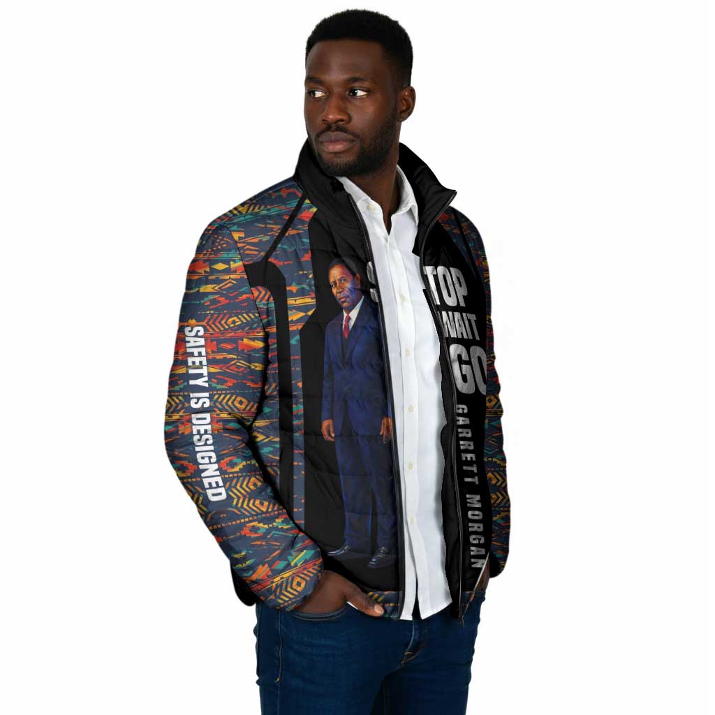 Garrett Morgan Padded Jacket with Full Body Portrait, Stop Wait Go Quote, Traffic Light Design - African Pride