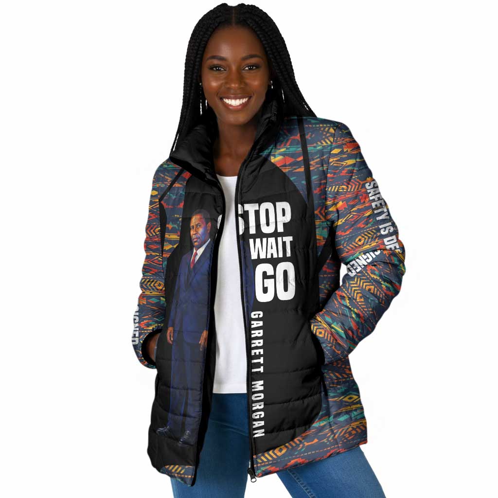 Garrett Morgan Padded Jacket with Full Body Portrait, Stop Wait Go Quote, Traffic Light Design - African Pride
