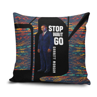Garrett Morgan Pillow Cover with Full Body Portrait, Stop Wait Go Quote, Traffic Light Design - African Pride