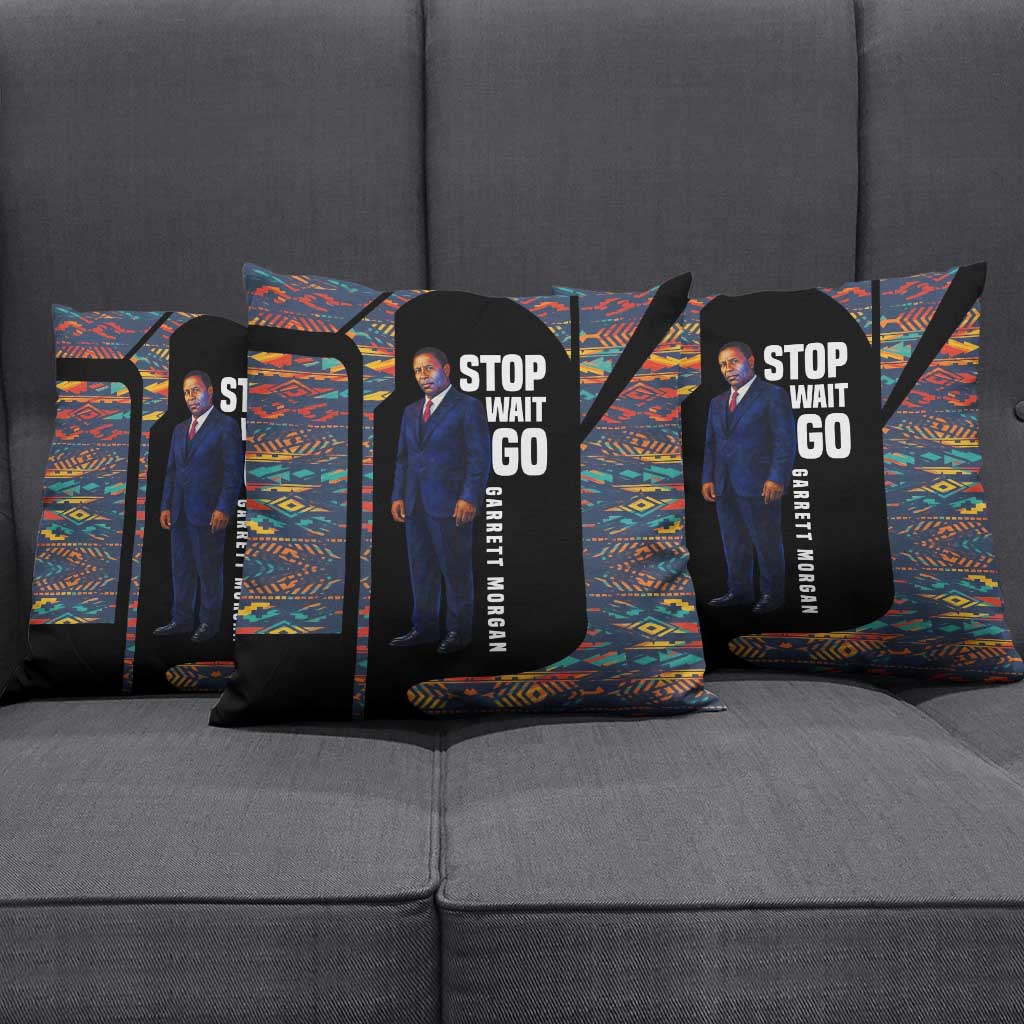 Garrett Morgan Pillow Cover with Full Body Portrait, Stop Wait Go Quote, Traffic Light Design - African Pride