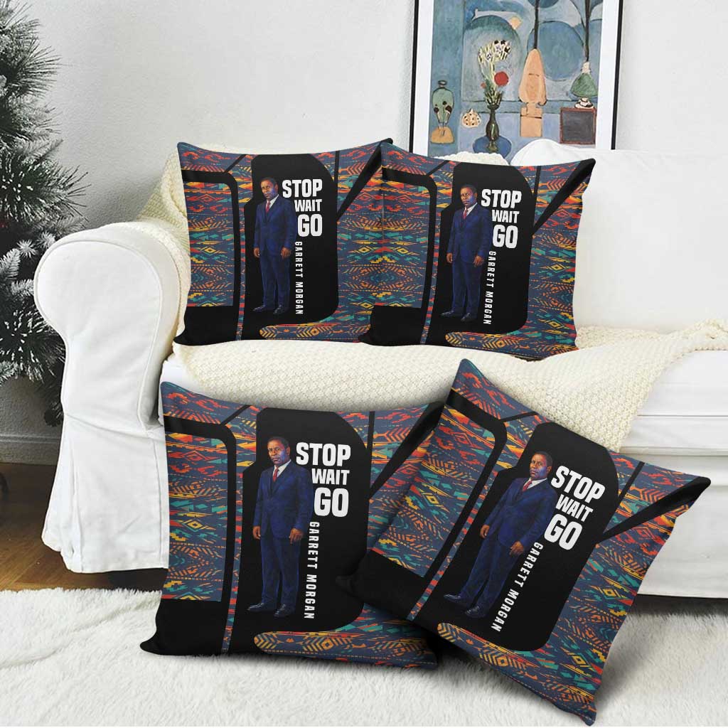 Garrett Morgan Pillow Cover with Full Body Portrait, Stop Wait Go Quote, Traffic Light Design - African Pride
