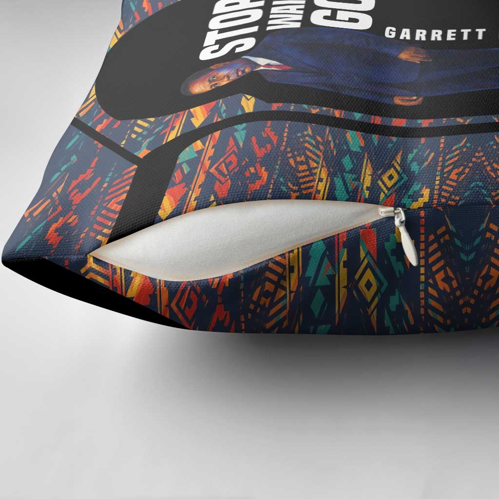 Garrett Morgan Pillow Cover with Full Body Portrait, Stop Wait Go Quote, Traffic Light Design - African Pride