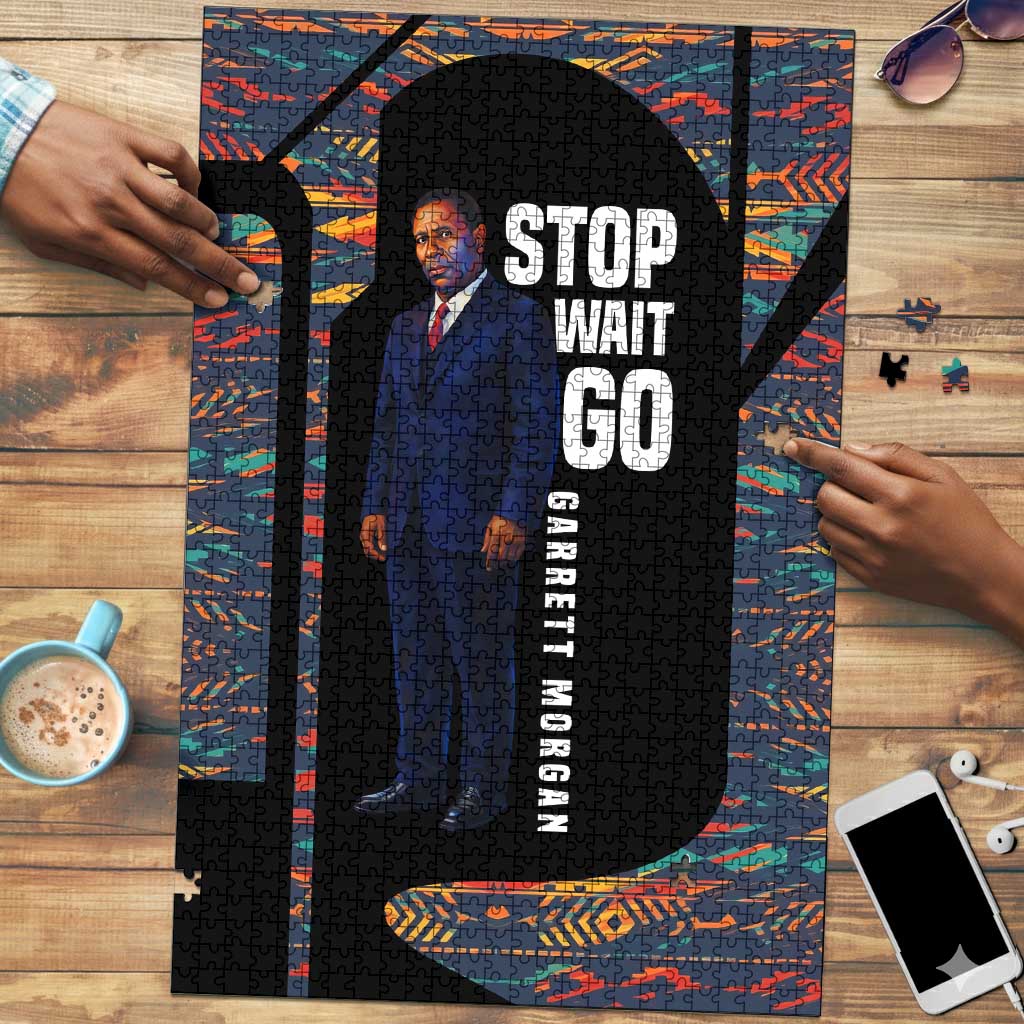 Garrett Morgan Puzzle with Full Body Portrait, Stop Wait Go Quote, Traffic Light Design - African Pride