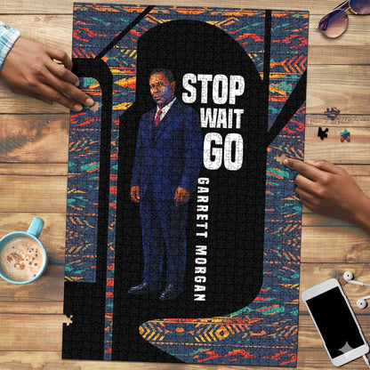 Garrett Morgan Puzzle with Full Body Portrait, Stop Wait Go Quote, Traffic Light Design - African Pride