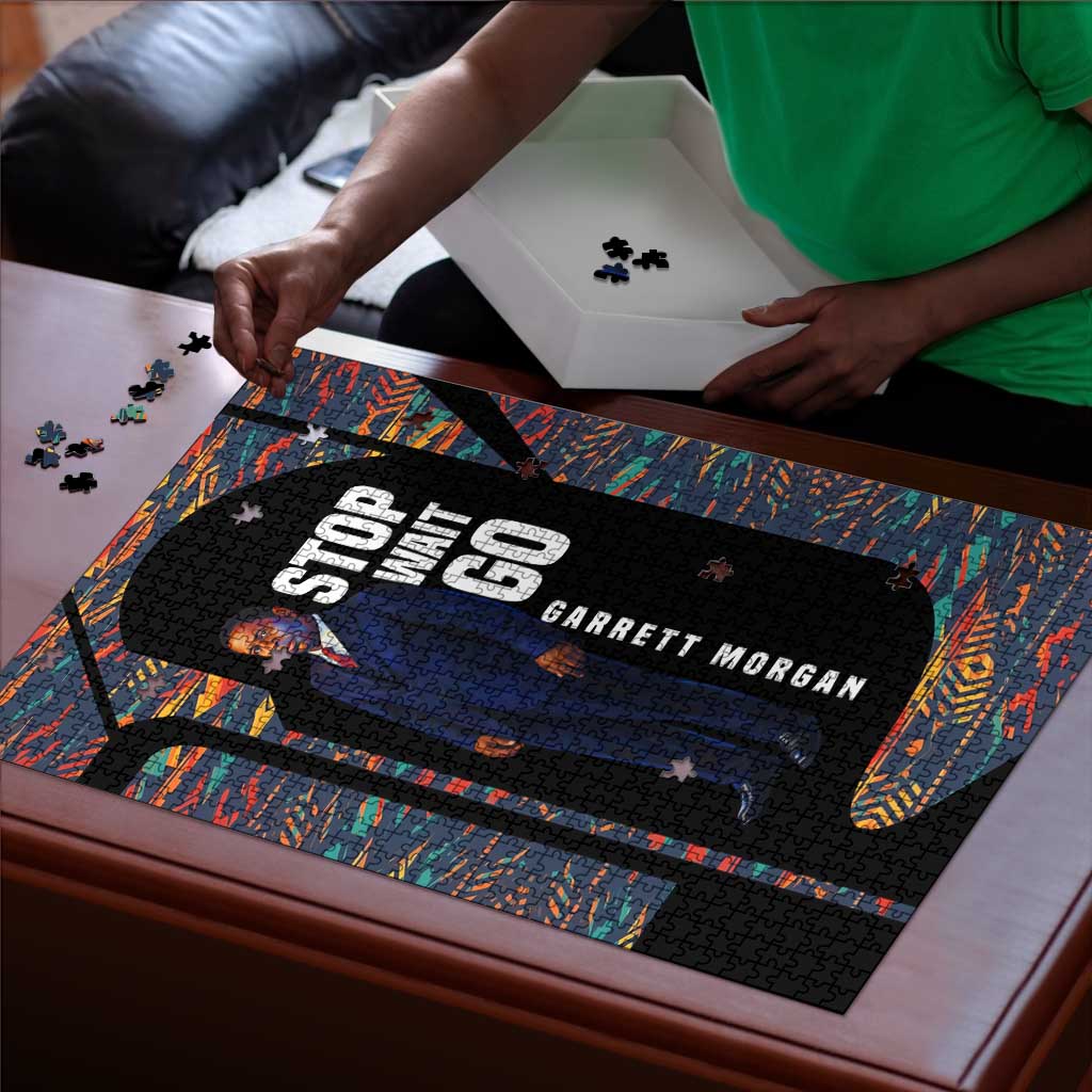 Garrett Morgan Puzzle with Full Body Portrait, Stop Wait Go Quote, Traffic Light Design - African Pride