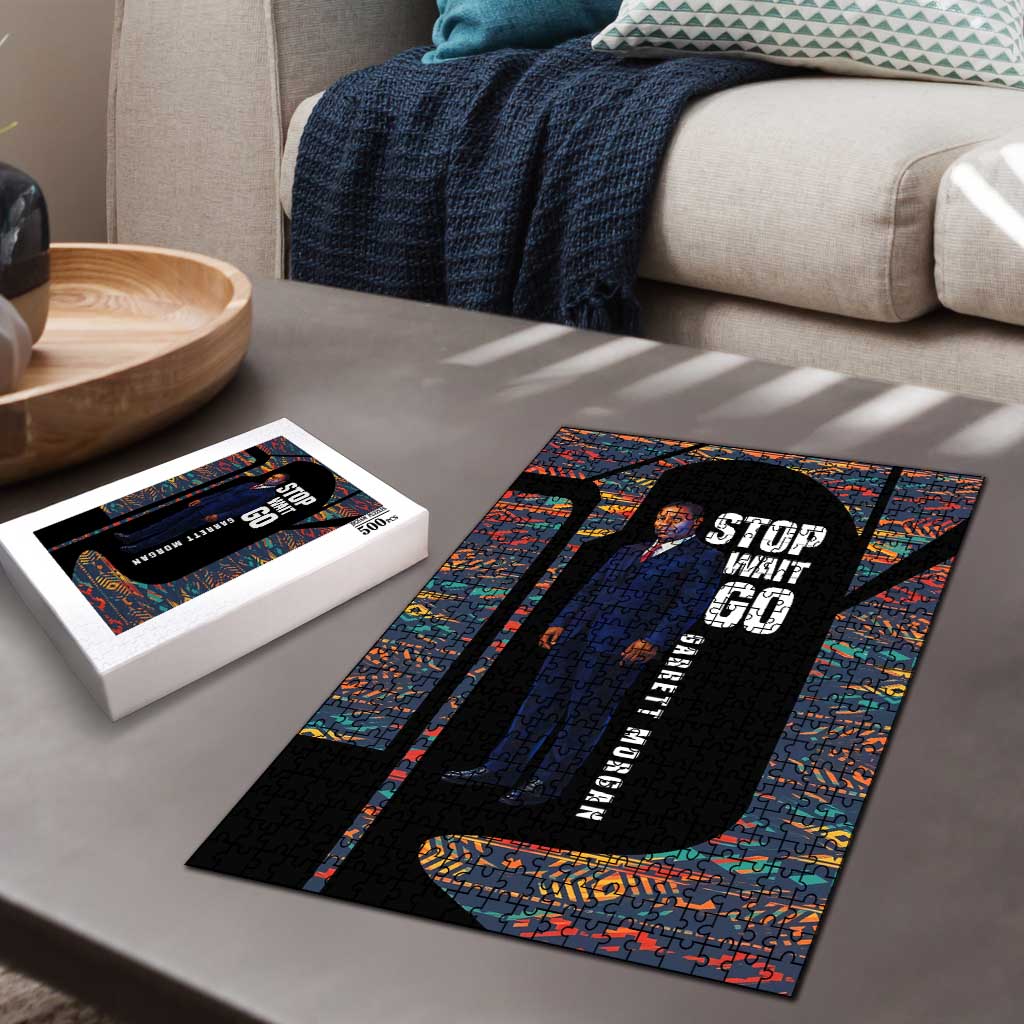 Garrett Morgan Puzzle with Full Body Portrait, Stop Wait Go Quote, Traffic Light Design - African Pride
