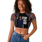 Garrett Morgan Raglan Cropped T shirt with Full Body Portrait, Stop Wait Go Quote, Traffic Light Design - African Pride