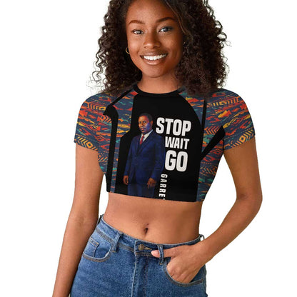 Garrett Morgan Raglan Cropped T shirt with Full Body Portrait, Stop Wait Go Quote, Traffic Light Design - African Pride