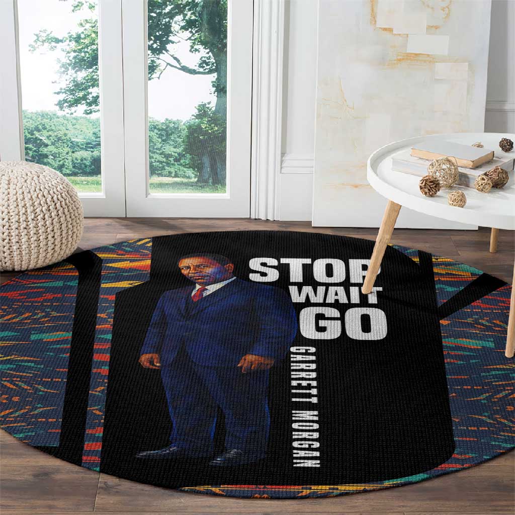 Garrett Morgan Round Carpet with Full Body Portrait, Stop Wait Go Quote, Traffic Light Design - African Pride