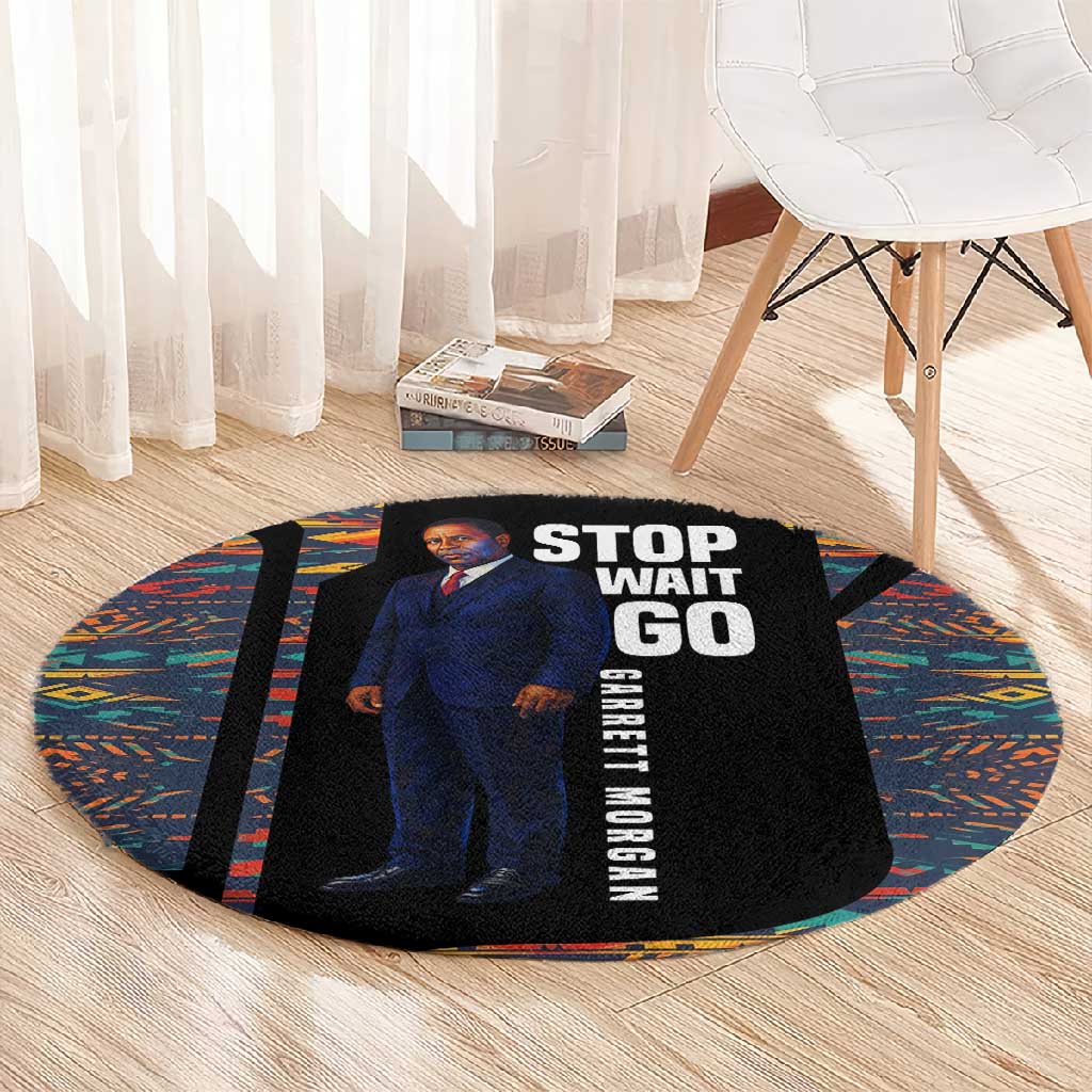 Garrett Morgan Round Carpet with Full Body Portrait, Stop Wait Go Quote, Traffic Light Design - African Pride