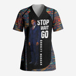Garrett Morgan Scrub Top with Full Body Portrait, Stop Wait Go Quote, Traffic Light Design - African Pride