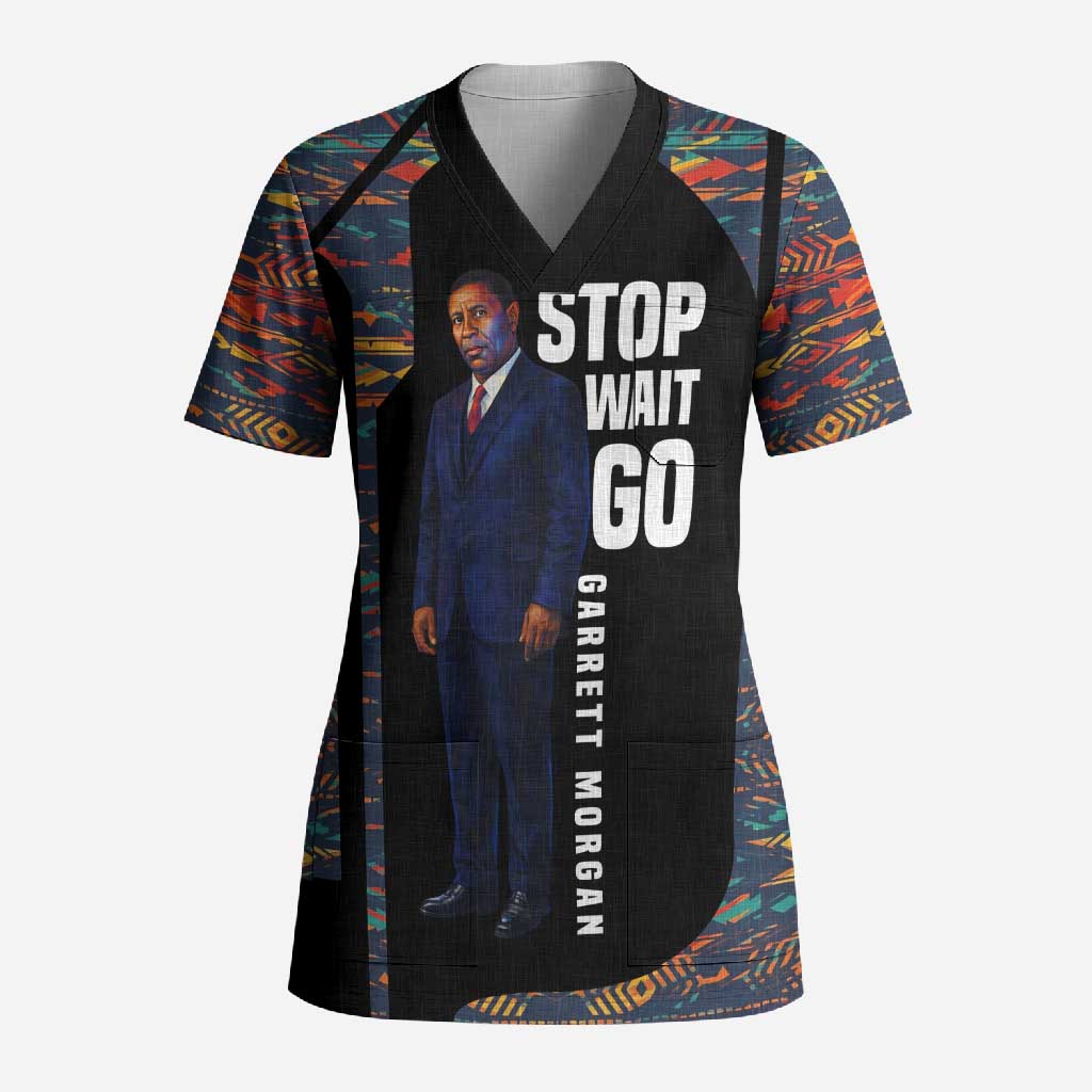 Garrett Morgan Scrub Top with Full Body Portrait, Stop Wait Go Quote, Traffic Light Design - African Pride