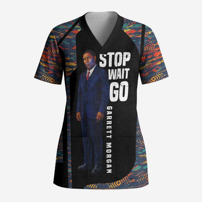 Garrett Morgan Scrub Top with Full Body Portrait, Stop Wait Go Quote, Traffic Light Design - African Pride