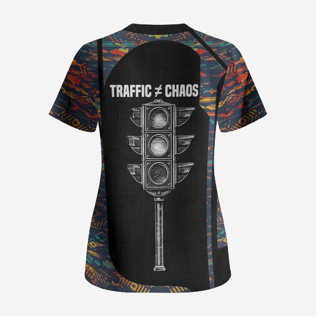 Garrett Morgan Scrub Top with Full Body Portrait, Stop Wait Go Quote, Traffic Light Design - African Pride