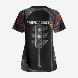 Garrett Morgan Scrub Top with Full Body Portrait, Stop Wait Go Quote, Traffic Light Design - African Pride