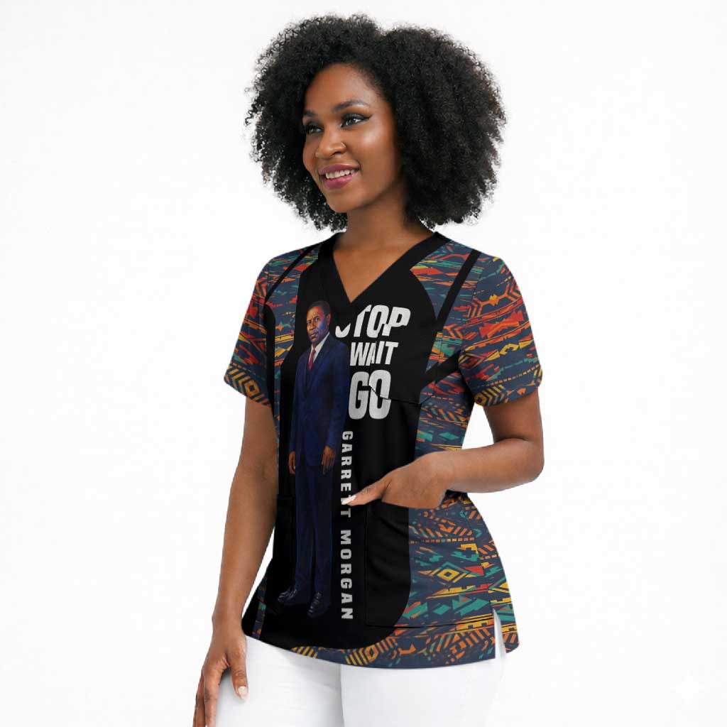 Garrett Morgan Scrub Top with Full Body Portrait, Stop Wait Go Quote, Traffic Light Design - African Pride
