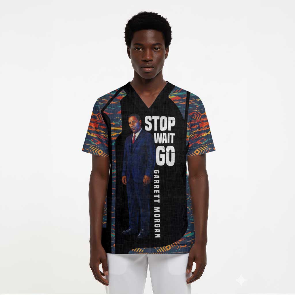 Garrett Morgan Scrub Top with Full Body Portrait, Stop Wait Go Quote, Traffic Light Design - African Pride