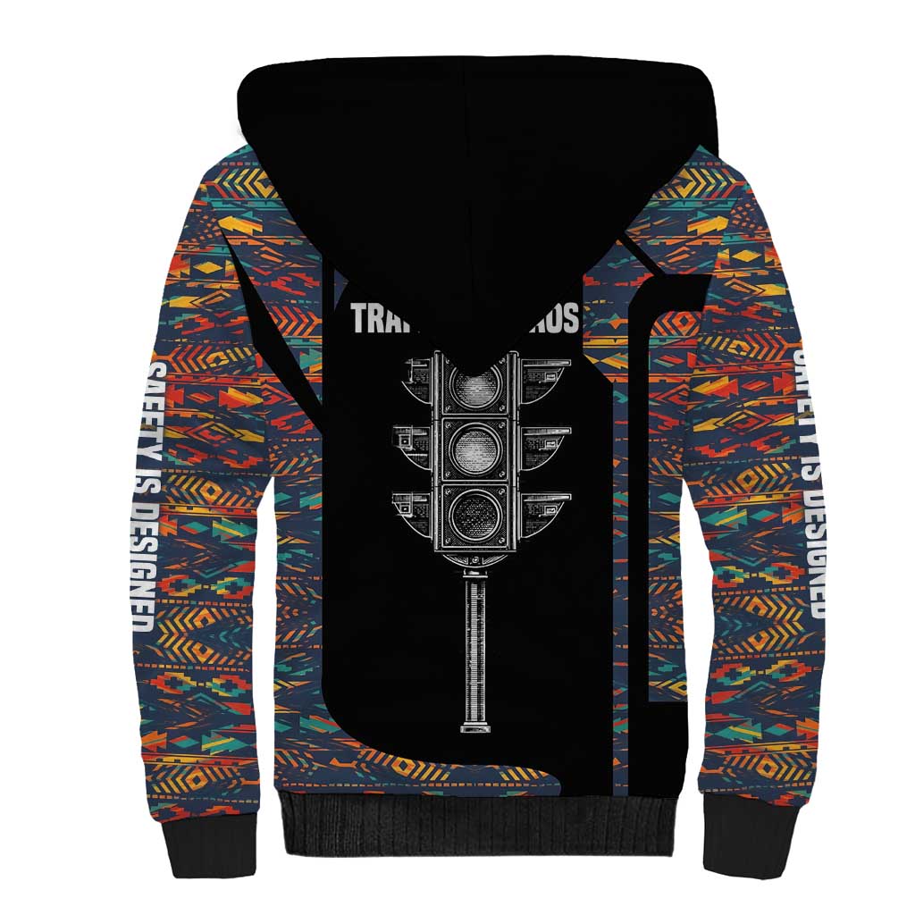 Garrett Morgan Sherpa Hoodie with Full Body Portrait, Stop Wait Go Quote, Traffic Light Design - African Pride