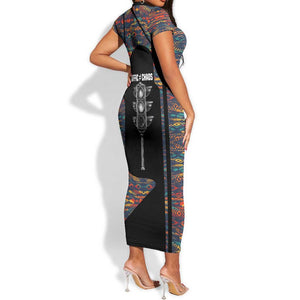 Garrett Morgan Short Sleeve Bodycon Dress with Full Body Portrait, Stop Wait Go Quote, Traffic Light Design - African Pride