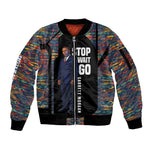 Garrett Morgan Sleeve Zip Bomber Jacket with Full Body Portrait, Stop Wait Go Quote, Traffic Light Design - African Pride